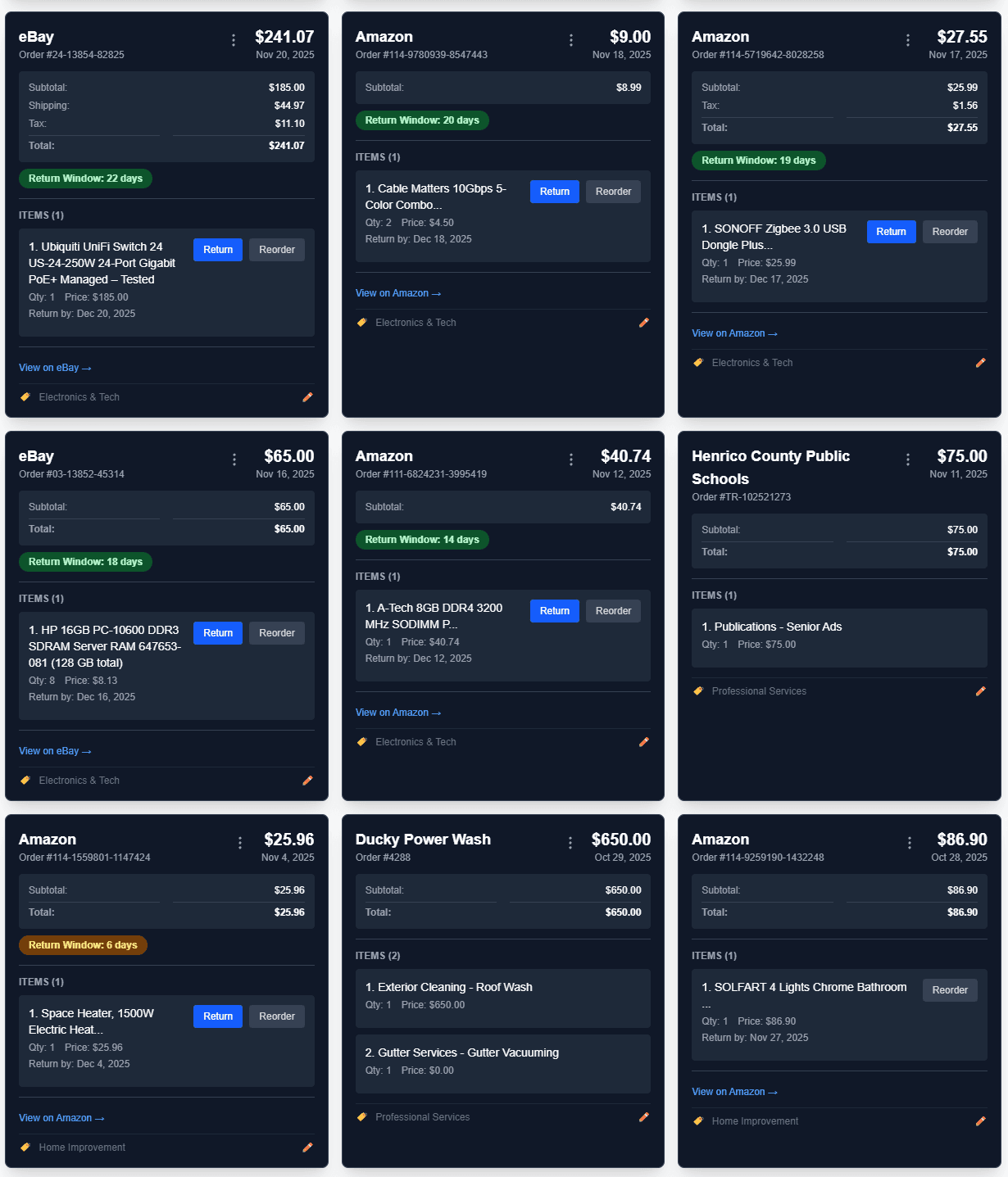 Order list with return deadlines